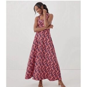 Pact Organic Floral Halter Cross-Back Midi Dress Coral Navy Flowers Summer Sz XL